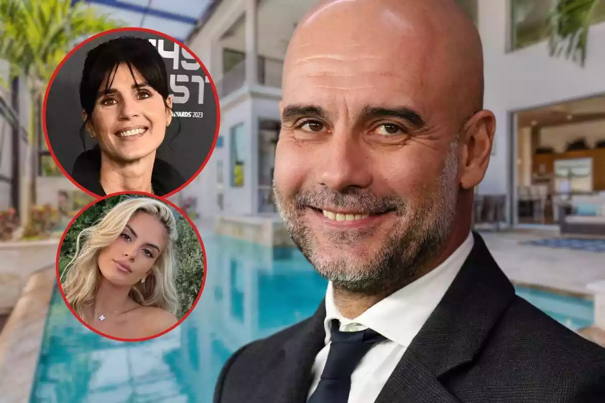 Fotomuntatge de Pep Guardiola amb una imatge de Cristina Serra, la seva dona, i la seva filla gran, Maria Guardiola