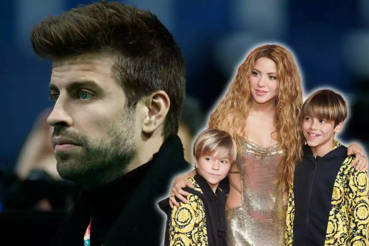 Fotomuntatge de Gerard Piqué de perfil amb una imatge de Shakira amb els seus dos fills, Milan i Sasha