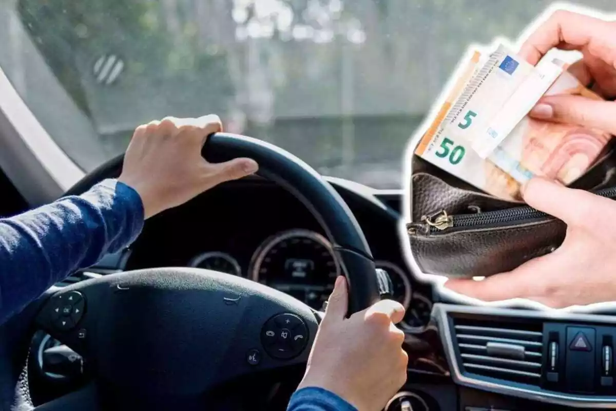 Fotomuntatge amb una imatge de fons d'una persona conduint i al capdavant un moneder amb bitllets d'euro