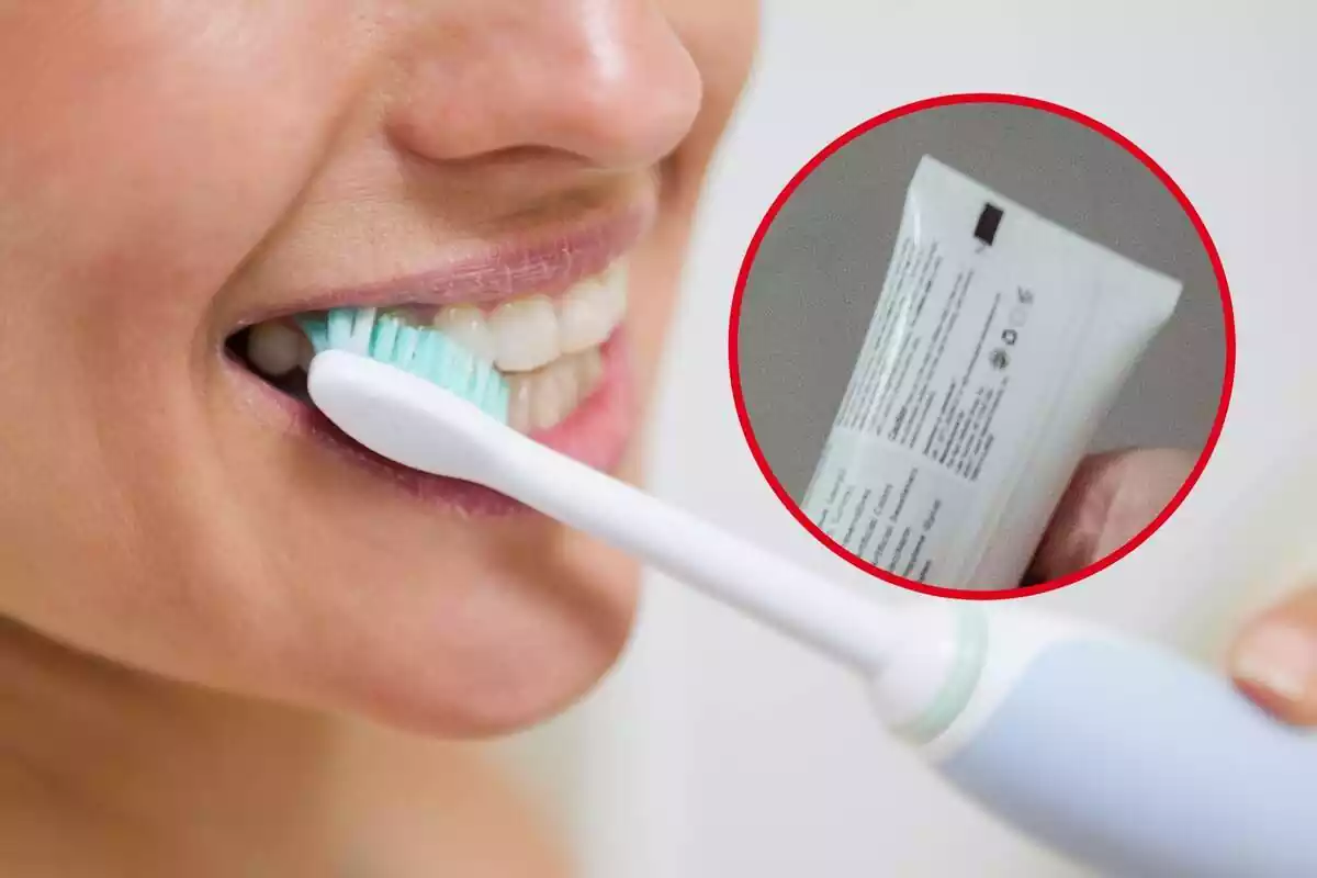 Muntatge fotografic entre una imatge d'una persona rentant-se les dents i el tub d'una pasta de dents