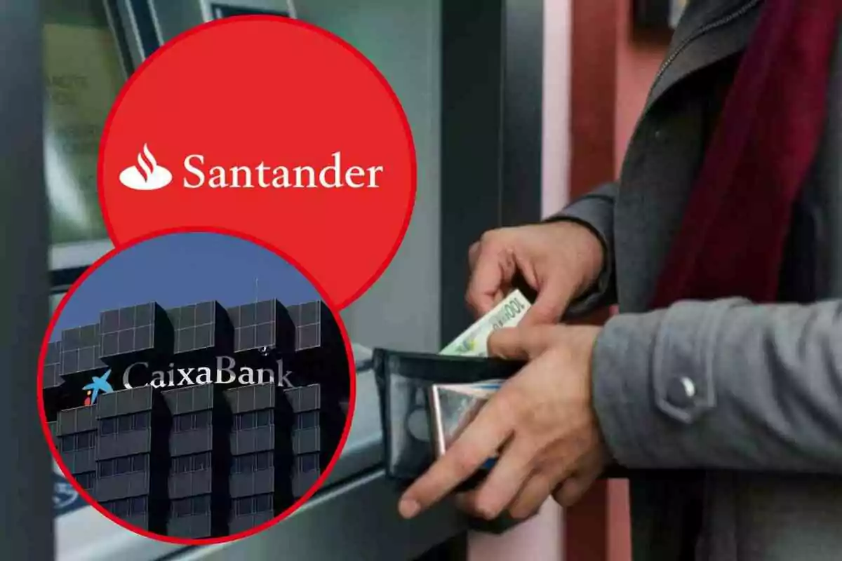 Fotomuntatge amb una imatge d'una persona amb diners en una cartera i dues rodones vermelles amb els logos de Banco Santander i CaixaBank