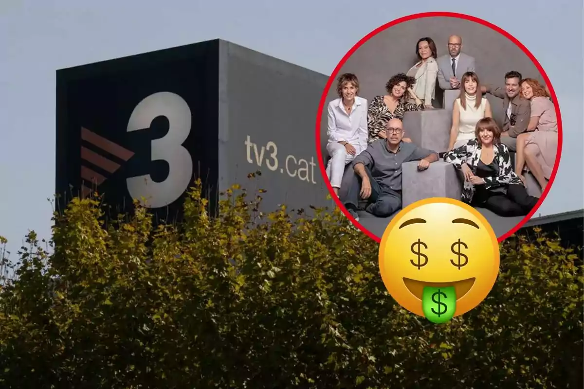 Edifici de TV3 amb un grup de persones en un cercle vermell i un emoji de diners.