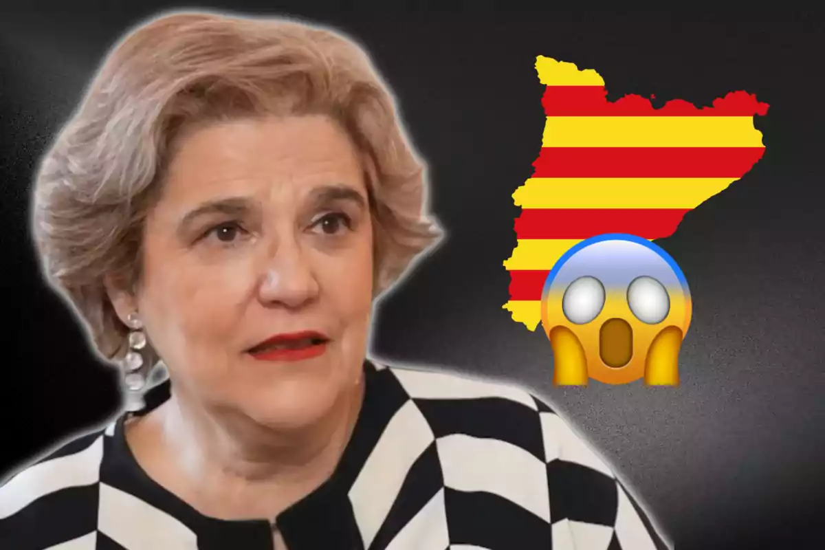 Mujer con expresión seria junto a un mapa con franjas rojas y amarillas y un emoji sorprendido.