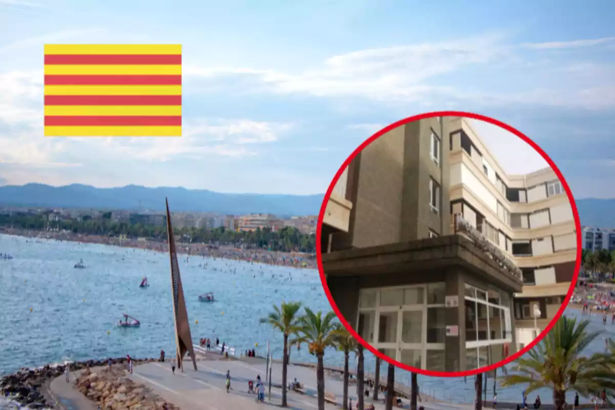 Fotomuntatge amb un fons de Salou, una foto d'Idealista emmarcada i una bandera catalana