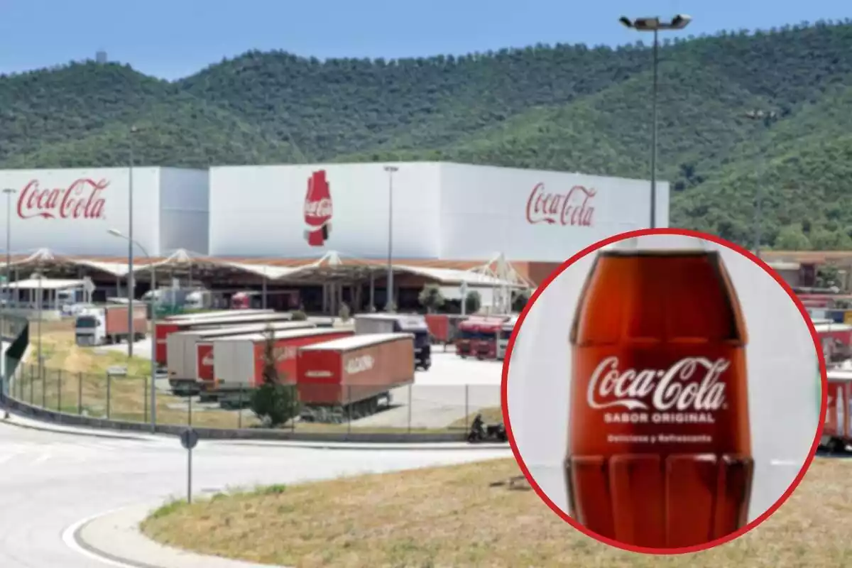 Fotomuntatge de la planta de Coca-Cola a Martorelles i una rodona vermella amb una ampolla de vidre de Coca-Cola
