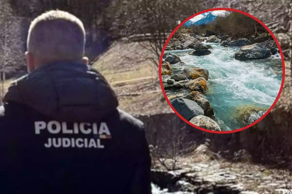 Fotomuntatge amb imatge d'un agent de la Policia Judicial d'Andorra i una rodona vermella amb imatge d'un riu