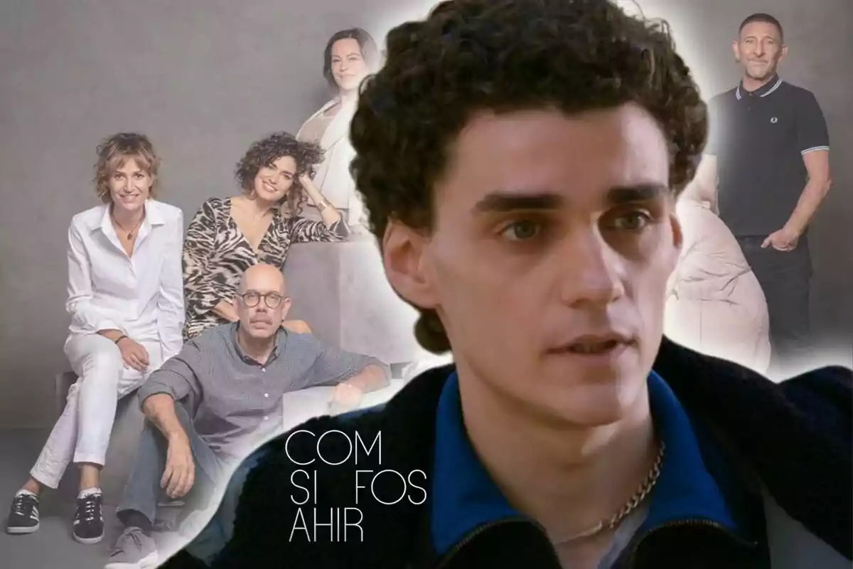 A group of people posing in a photography studio with a man in the foreground and the text "Com si fos ahir".