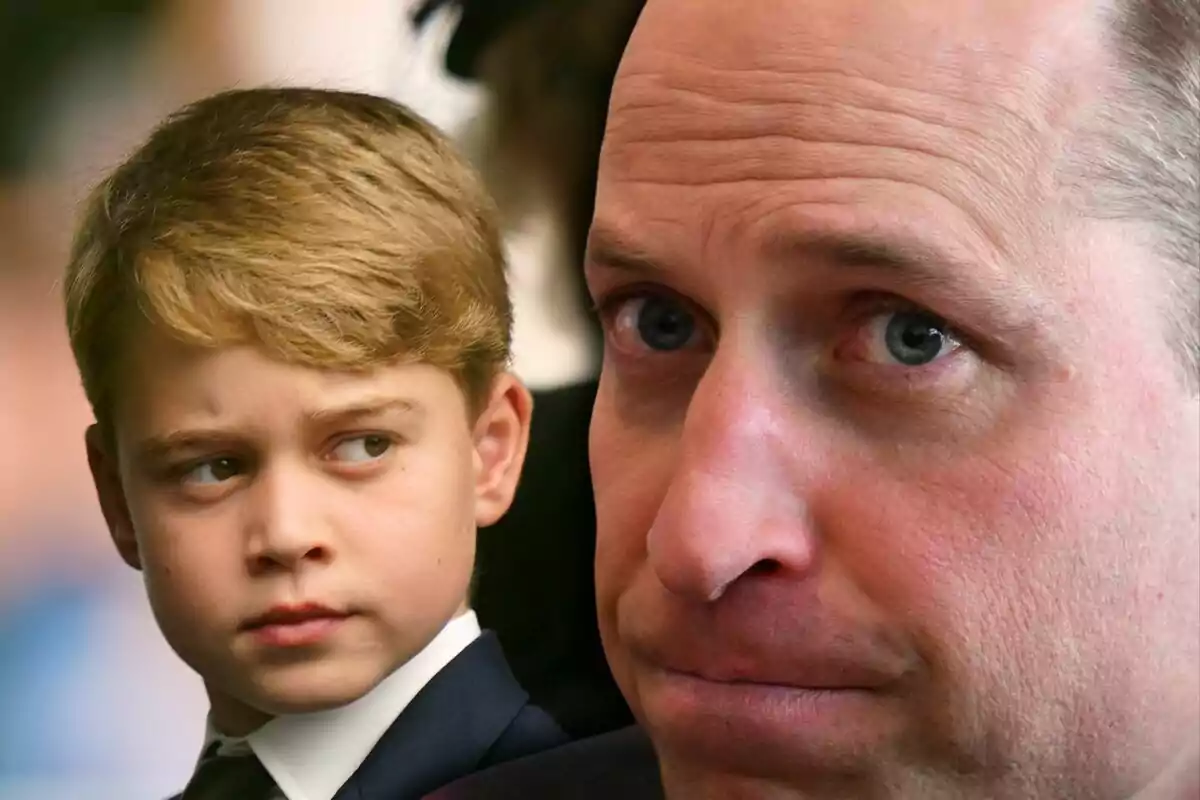 A blond boy with a serious expression looks at an adult man with a serious face and a thoughtful gaze. A blond boy with a serious expression looks at an adult man with a serious face and a thoughtful gaze.