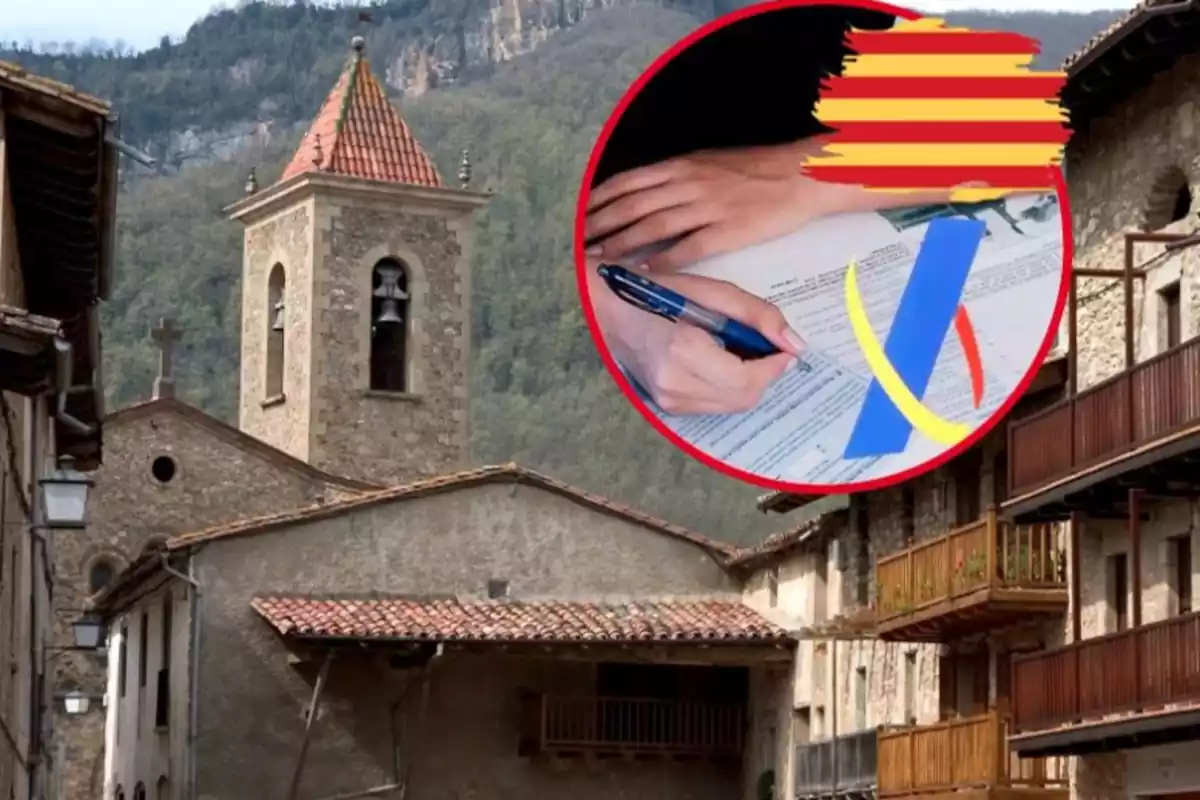 fotomuntatge amb una foto d'un poble català i una foto amb el logotip d'Hisenda i una bandera catalana