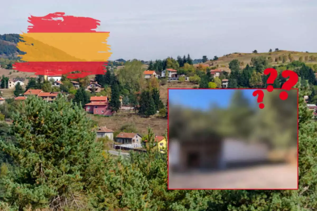 Fotomuntatge amb el fons d´un poble, una bandera d´Espanya i una foto d´una casa rural difuminada amb interrogants