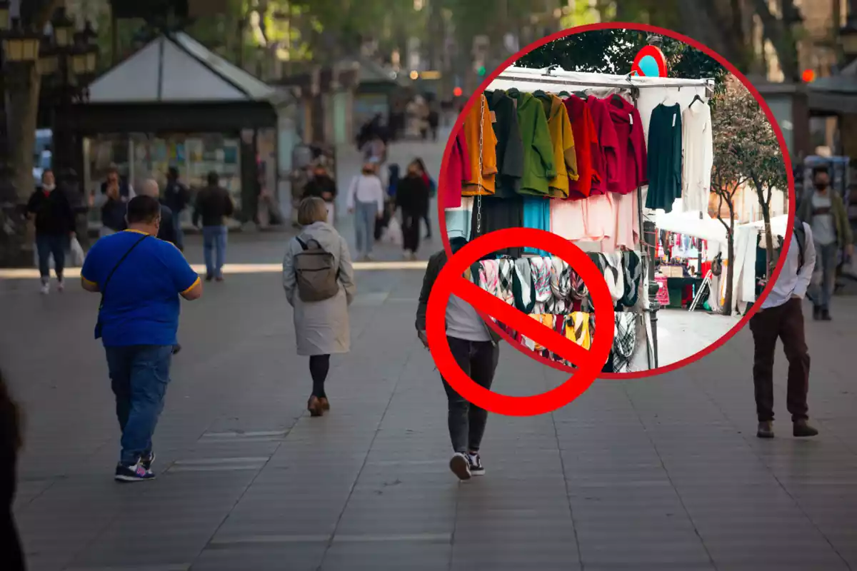 Fotomuntatge d´una imatge de la rambla de Barcelona amb una foto d´un mercat ambulant i un senyal de prohibició