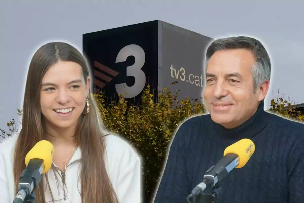 Two people in front of microphones with the TV3 logo in the background.