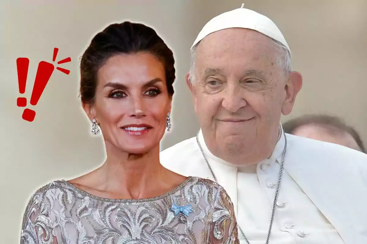 Dos personas sonrientes, una mujer con un vestido elegante y un hombre con vestimenta religiosa, con un símbolo de exclamación rojo al lado.