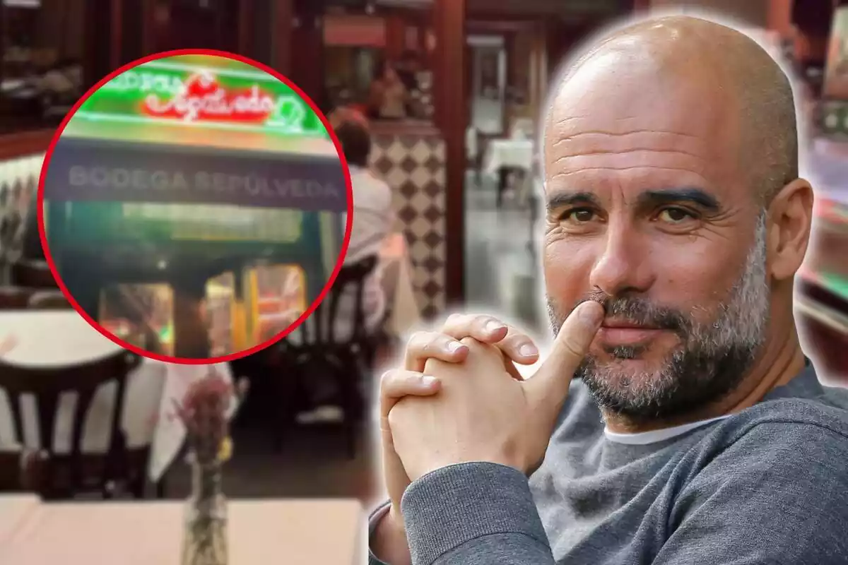 Muntatge fotogràfic entre una imatge de Pep Guardiola sobre el fons d'un restaurant