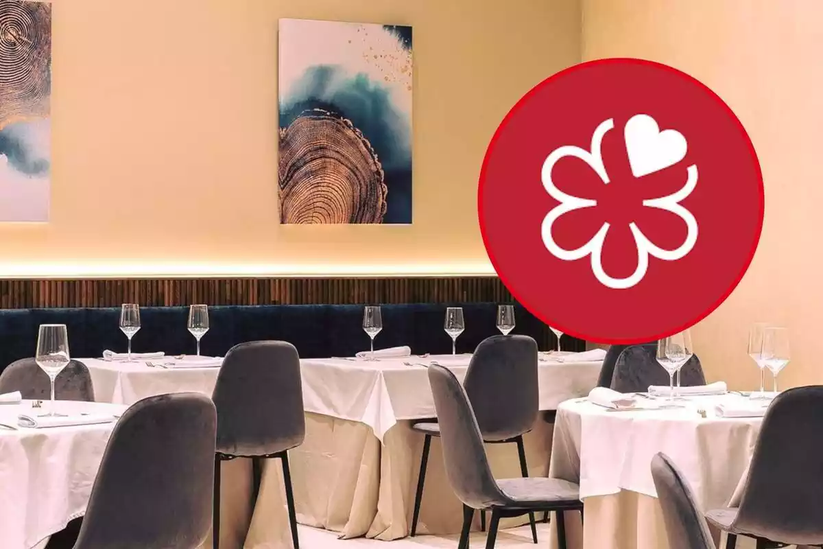 Muntatge fotogràfic entre una imatge d'un restaurant i el signe de la guía michelin
