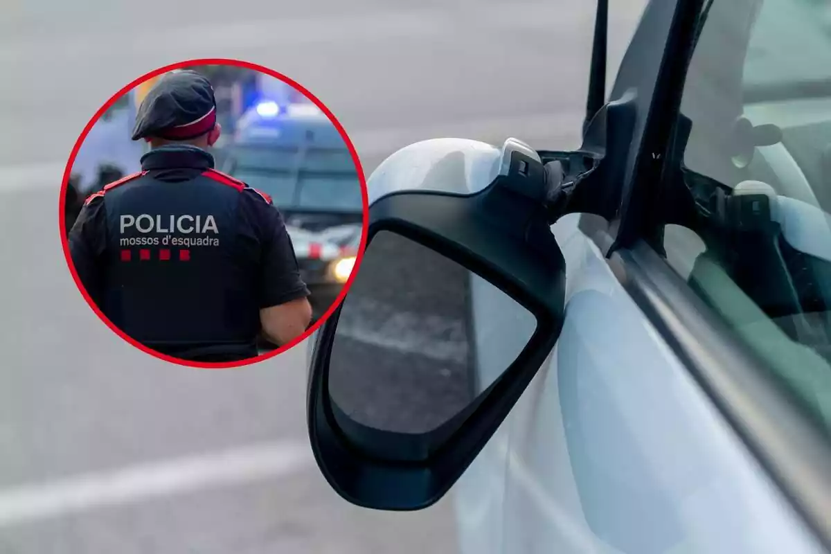 Muntatge fotogràfic entre una imatge d'un retrovisor trencat i una foto dels Mossos d'Esquadra