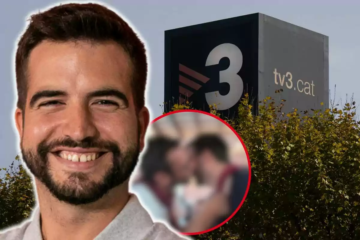 Un home somrient amb barba en primer pla, un edifici amb el logotip de “tv3.cat” al fons i una imatge borrosa de dues persones en un cercle vermell.