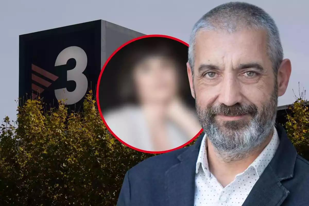 Fotomuntatge de Roger de Gràcia amb una imatge d'Agnès Busquets borrosa i les instal·lacions de TV3 de fons