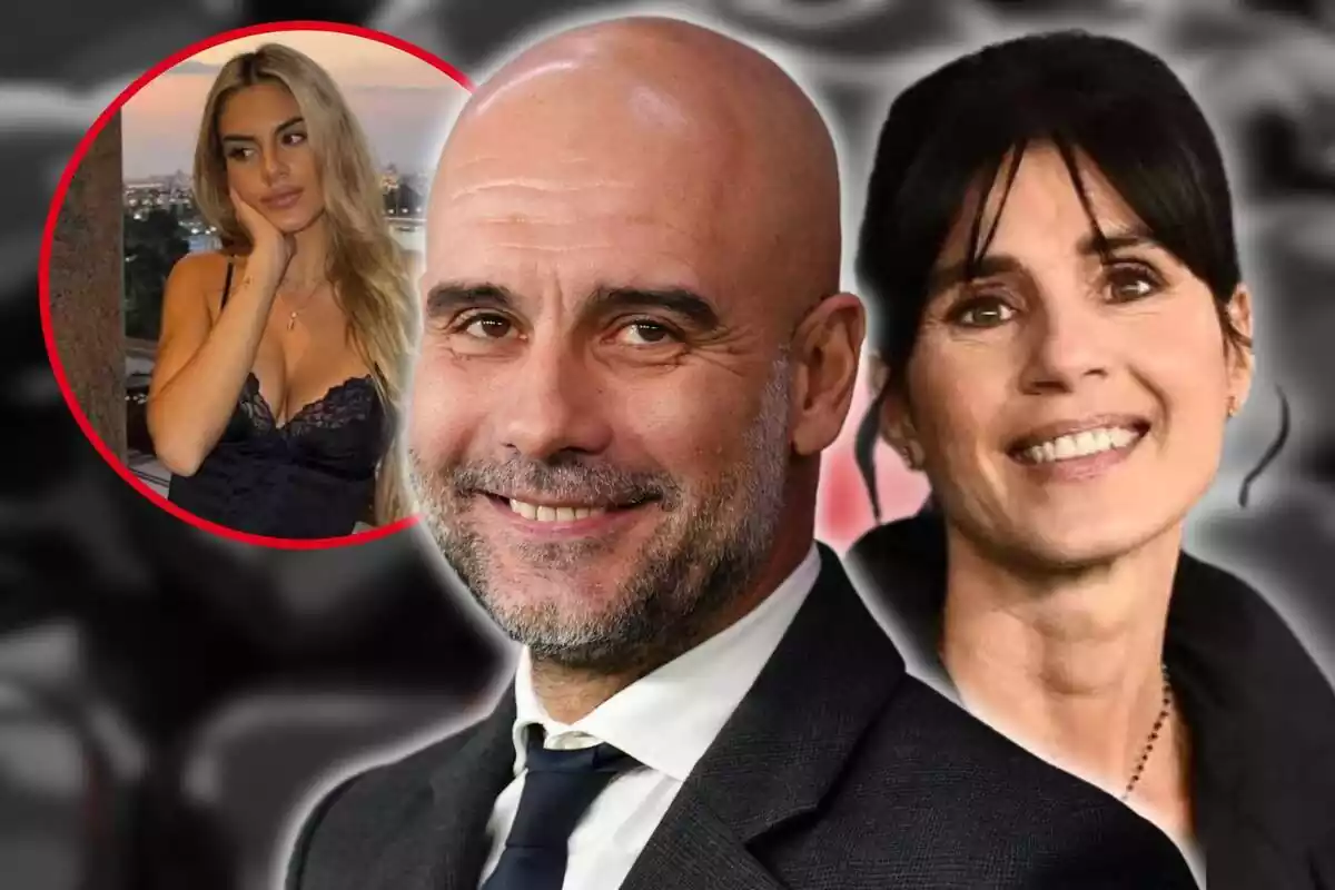 Fotomuntatge amb les cares al capdavant de Pep Guardiola i Cristina Serra somrient, de fons una imatge de cors negres i en una rodona vermella Maria Guardiola