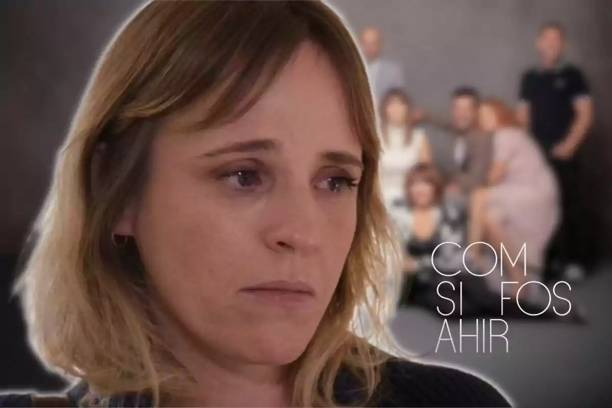 Woman with serious expression in the foreground with a group of people out of focus in the background and text "COM SI FOS AHIR".