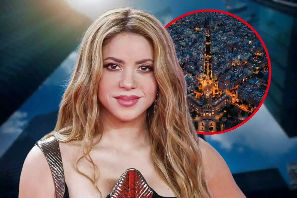 Fotomuntatge amb una imatge al capdavant de Shakira i una rodona vermella amb la ciutat de Barcelona, i de fons una imatge de negocis