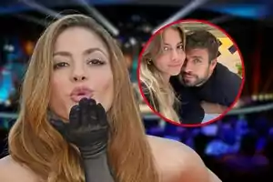 A woman with black gloves throws a kiss in front of her, while a red circle shows a couple embracing.
