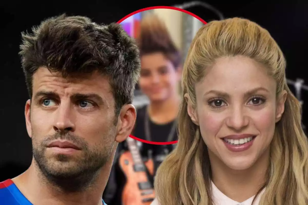 Fotomuntatge amb una imatge de fons d'instruments musicals, davant les cares de Shakira i Gerard Piqué i una rodona vermella amb la nova imatge de Milan