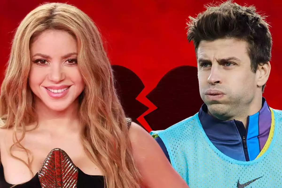 Fotomuntatge de Shakira i Gerard Piqué amb un cor trencat de fons