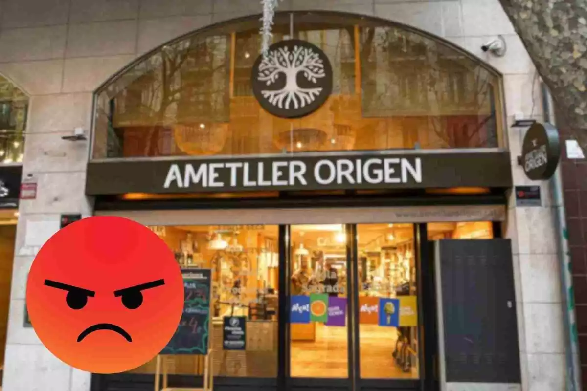 Fotomuntatge amb una imatge del supermercat Ametller Origen de fons i al capdavant un emoji amb cara d'enuig