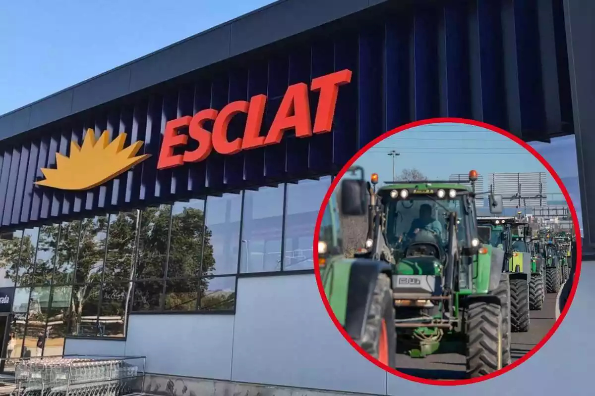Fotomuntatge amb una imatge de fons d'un supermercat Esclat i al capdavant una rodona vermella amb pagesos protestant amb tractors