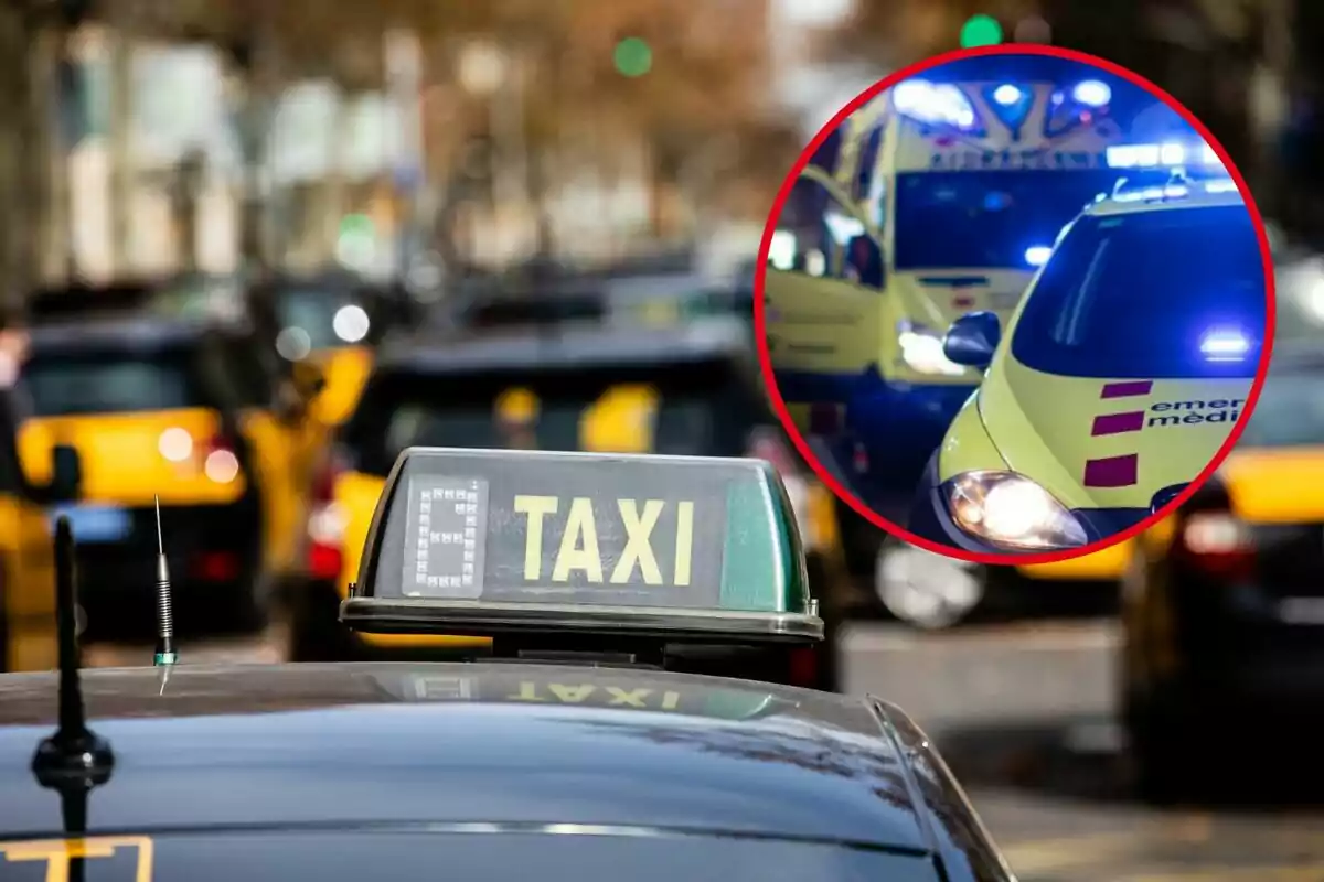 Un taxi amb un rètol il·luminat en primer pla i una imatge inserida de vehicles d'emergència amb llums encesos.