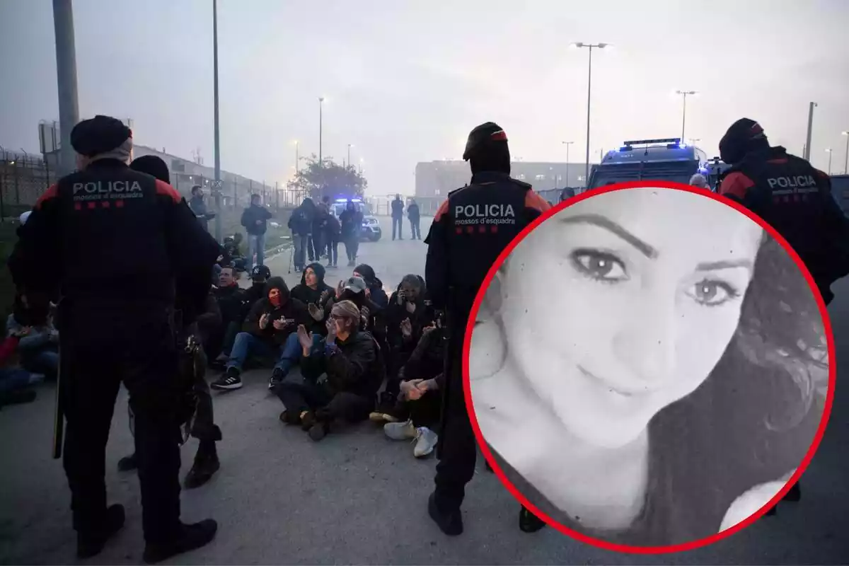 Fotomuntatge d'agents dels Mossos d'Esquadra i funcionaris de les presons catalanes concentrats i una rodona vermella amb la imatge de Núria López en blanc i negre
