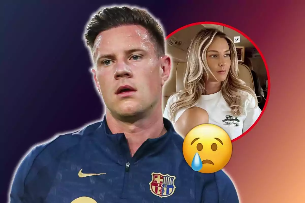 Un jugador de futbol amb la samarreta del FC Barcelona apareix suat i amb una expressió seriosa, mentre que en un cercle al seu costat es mostra una dona rossa amb una expressió neutral, acompanyada d?un emoji trist amb una llàgrima.