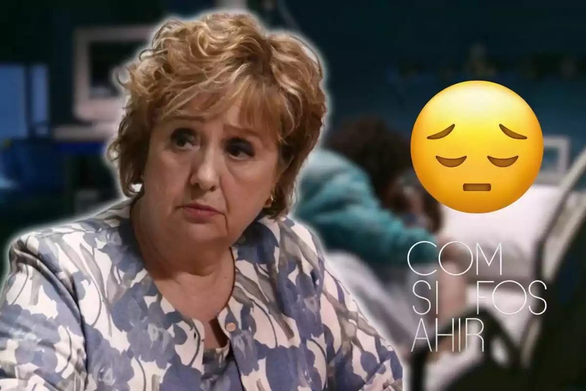 Dona de cabell arrissat amb expressió seriosa en un entorn hospitalari, acompanyada d'un emoji de cara pensativa i text que diu “COM SI FOS AHIR”.