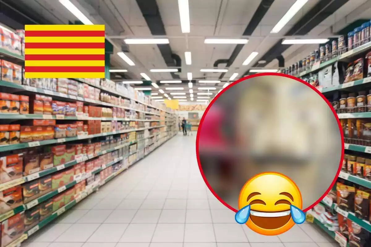 Fotomuntatge amb un fons d'un supermercat, una foto difuminada de X, una bandera catalana i una emoticona somrient