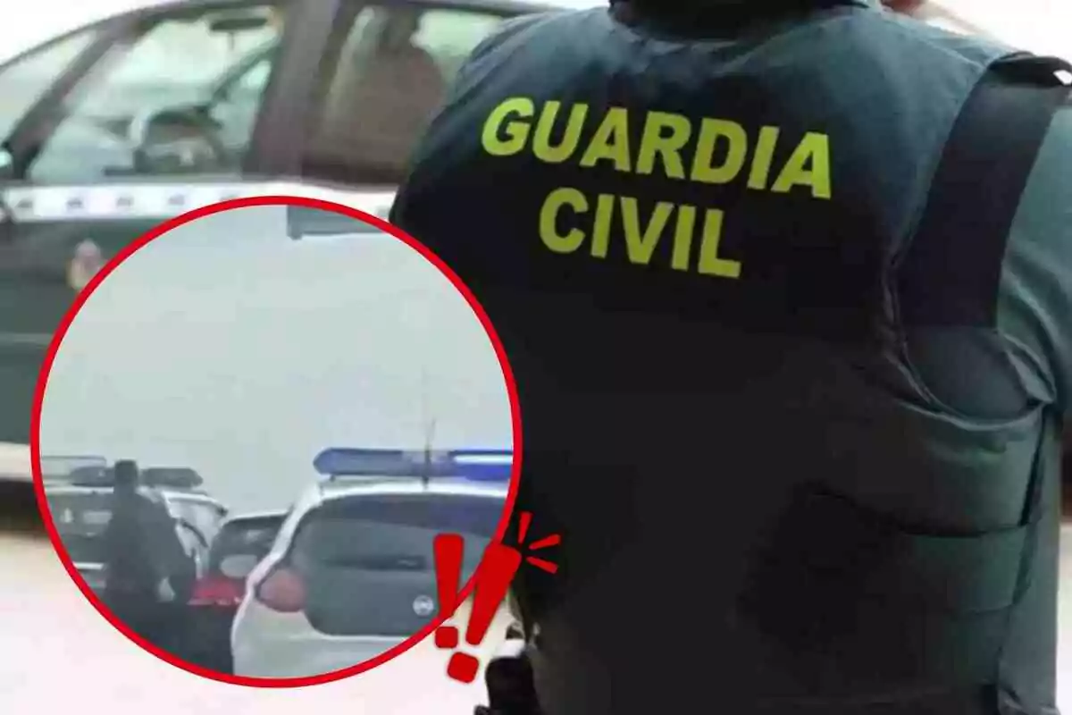 Un agent de la Guàrdia Civil d'esquena amb una armilla que té el text "Guàrdia Civil" i un requadre que mostra una escena de trànsit amb cotxes de policia.