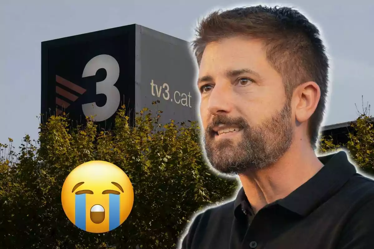 Home amb barba davant d'un edifici amb el logotip de TV3 i un emoji plorant.