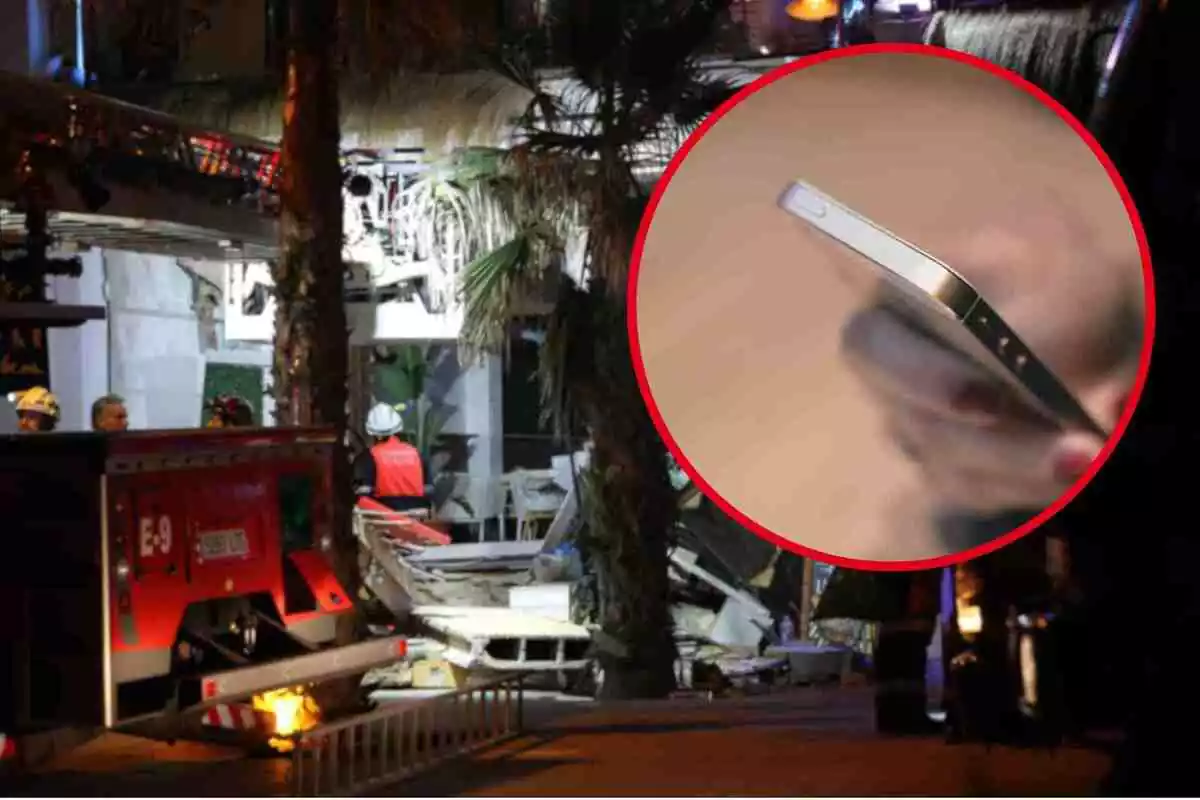 Fotomuntatge amb una imatge de l'esfondrament del restaurant a Palma i una rodona vermella amb un telèfon mòbil