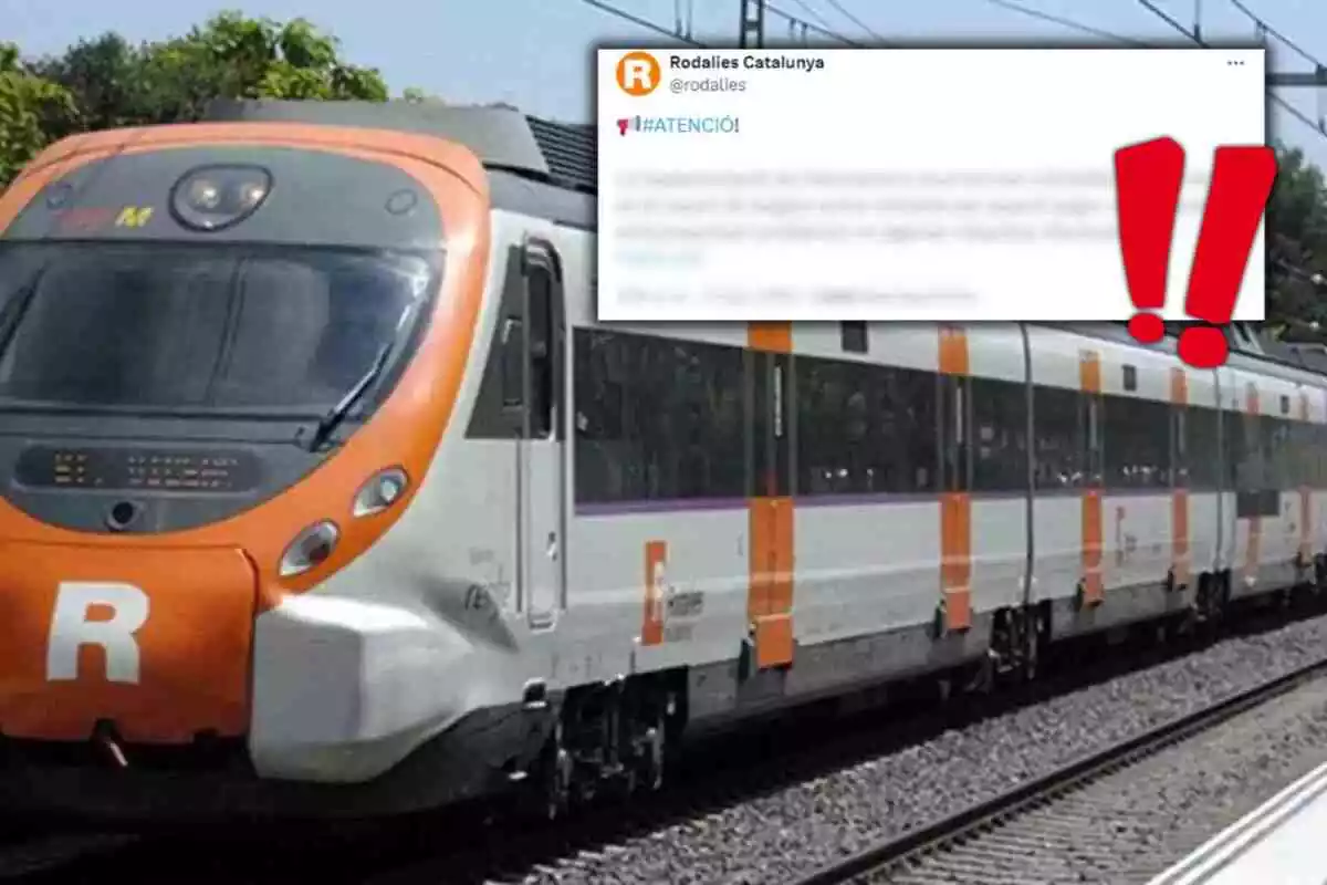 Fotomuntatge amb un tren de Rodalies de fons i al capdavant un tweet amb exclamacions