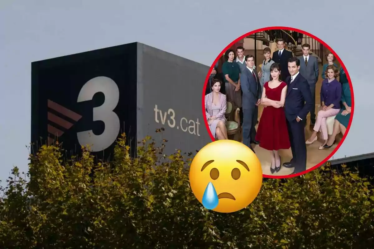 Edifici de TV3 amb un cercle que mostra un grup de persones i un emoji trist amb una llàgrima.