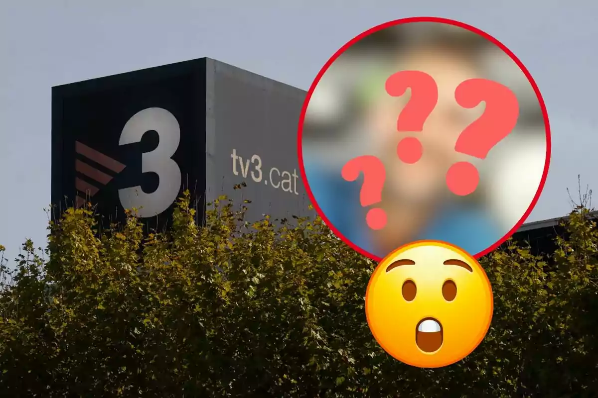 Edifici de TV3 amb un cercle borrós i un emoji sorprès