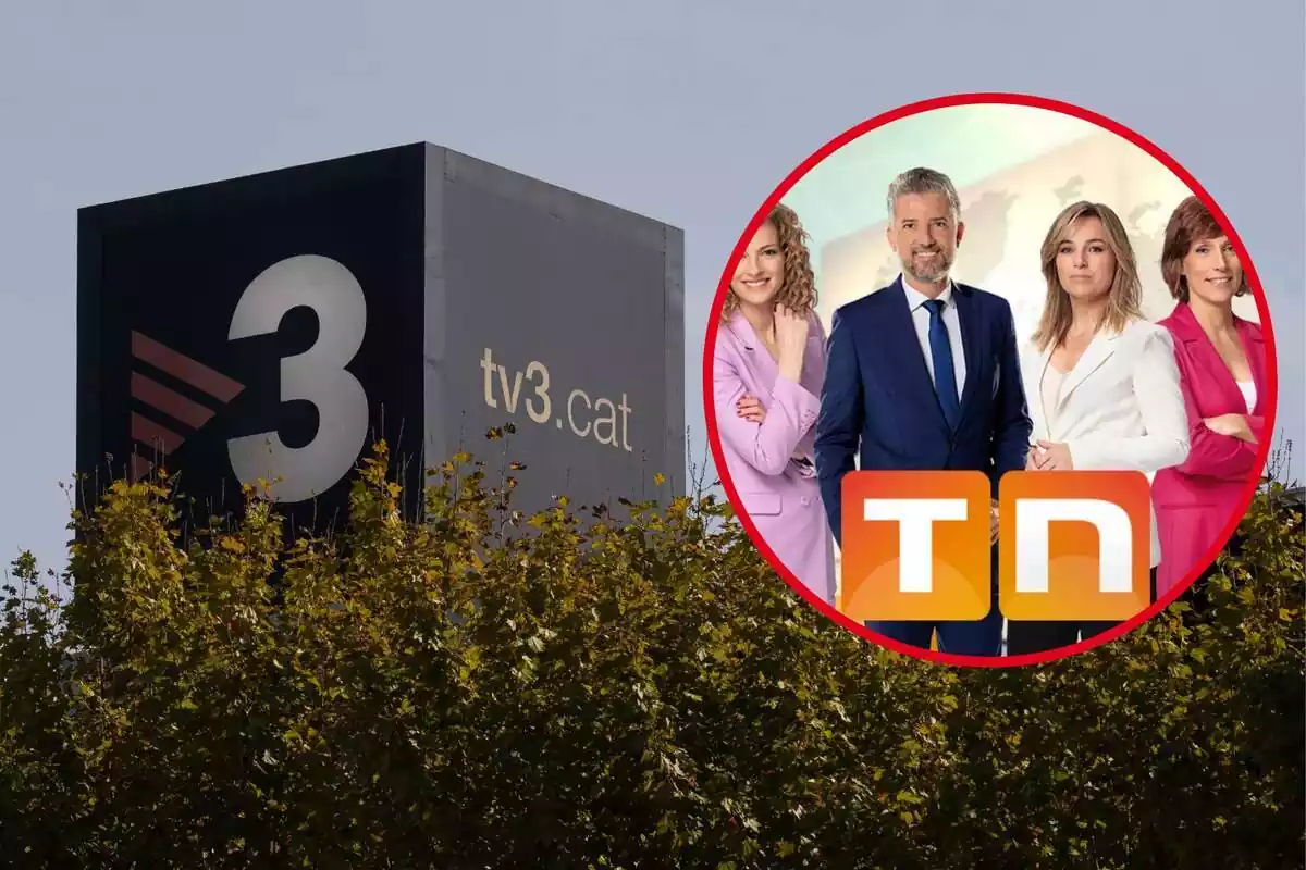 Fotomuntatge de les instal·lacions de TV3 amb una imatge de diversos presentadors dels informatius