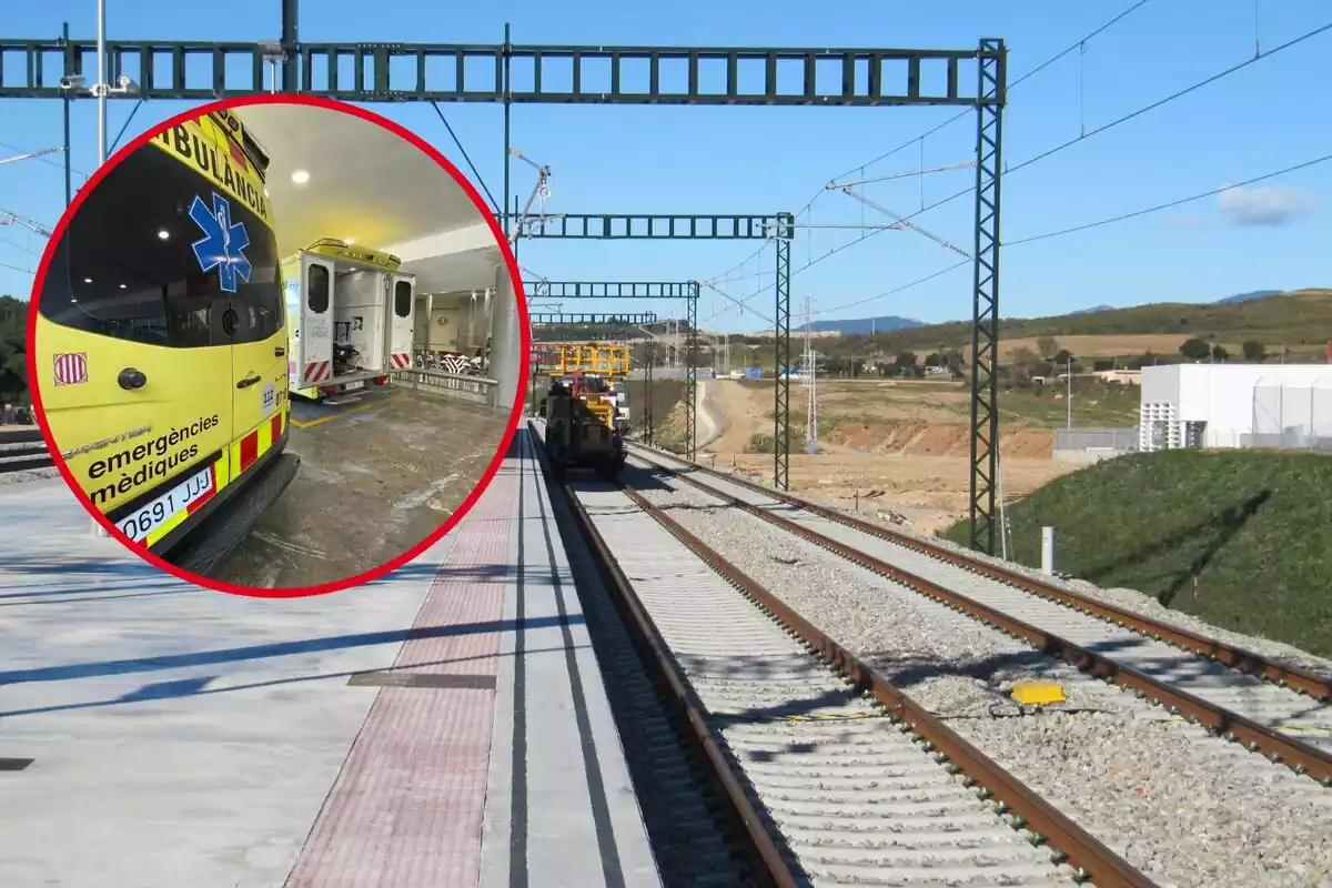 Fotomuntatge vies del tren amb una imatge d'una ambulància