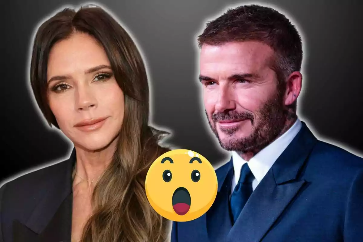 Victoria Beckham and David Beckham pose together, with a surprised emoji in the center of the image.