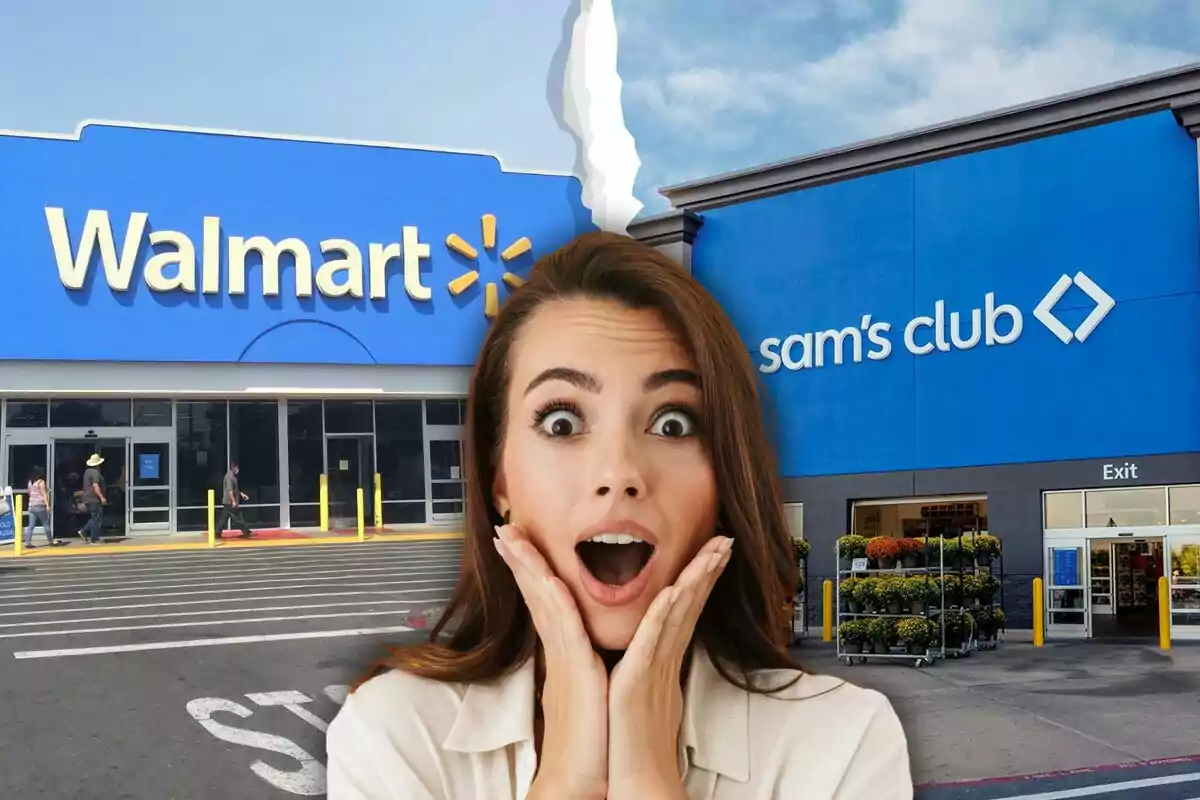 Una dona amb expressió de sorpresa apareix davant de les façanes de Walmart i Sam's Club.