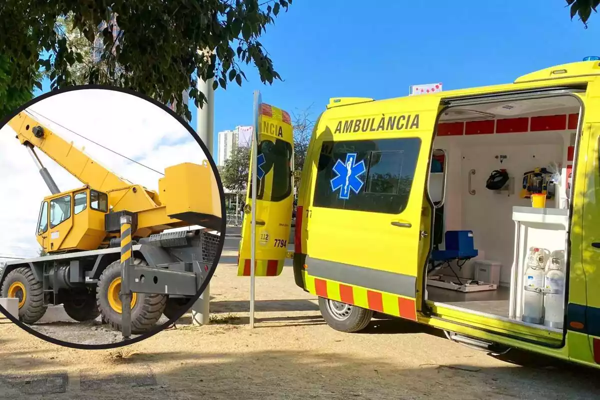 Fotomuntatge d'una ambulància del SEM i una grua