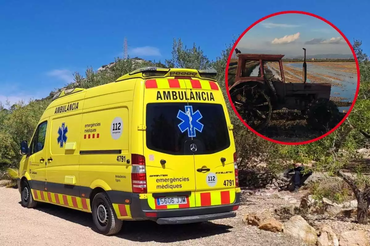 Fotomuntatge d'una ambulància del SEM amb un tractor al Deltebre