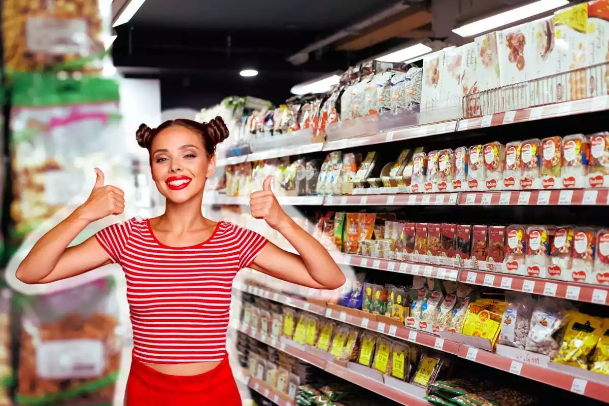 Fotomuntatge d'una dona contenta amb un supermercat de fons a l'interior