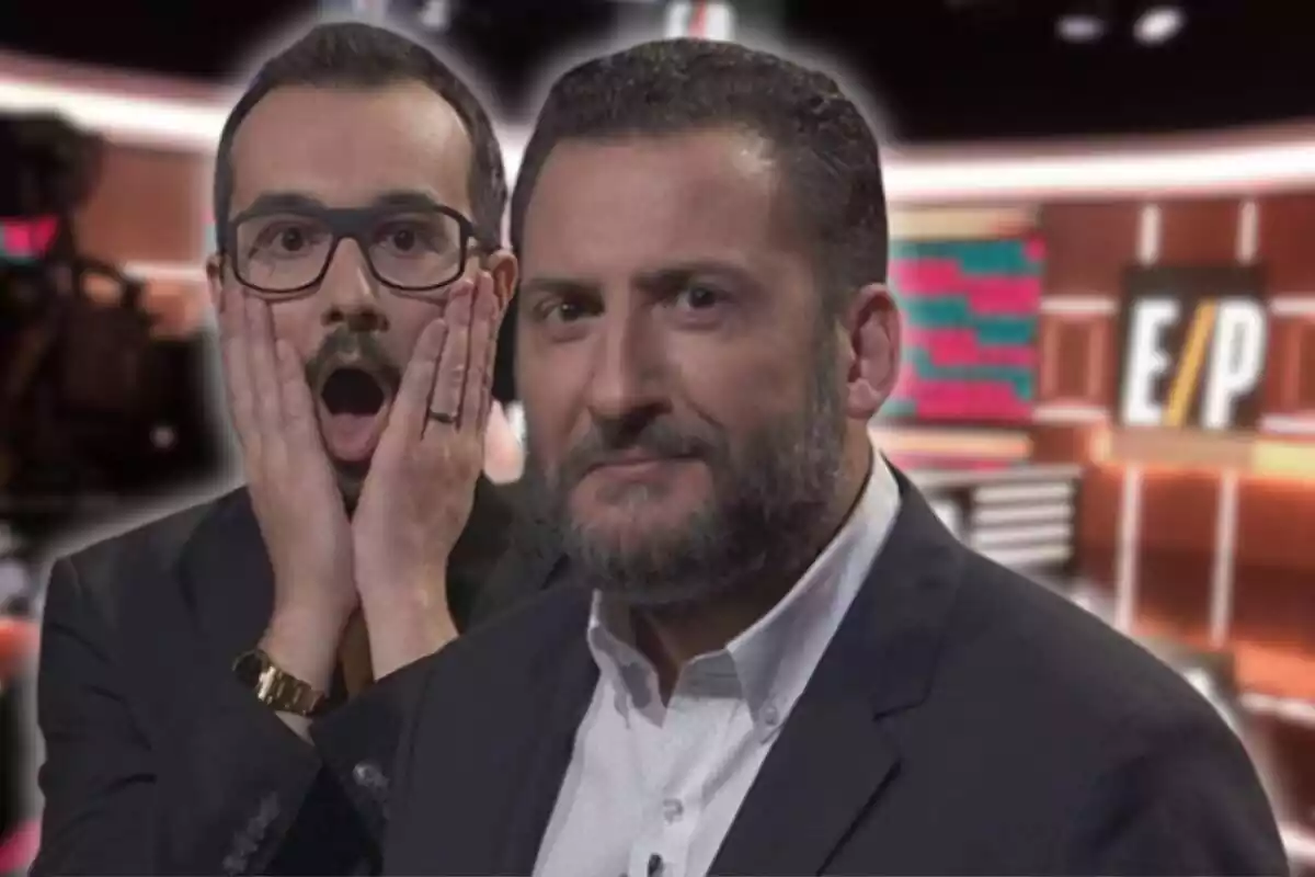 Fotomuntatge del plató d''Està passant' de TV3 amb una imatge de Toni Soler i Jair Domínguez