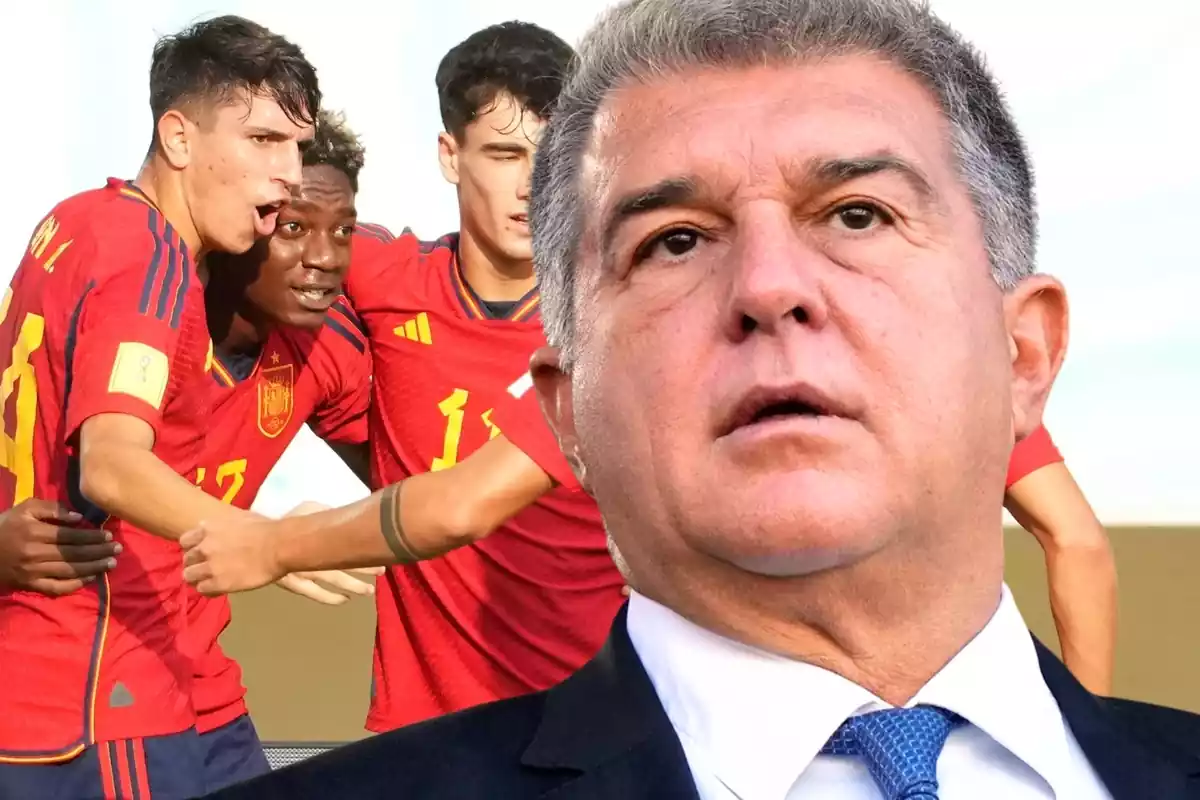 El president del Barça, Joan Laporta, en primer pla amb una foto de la Selecció Espanyola sub-17.